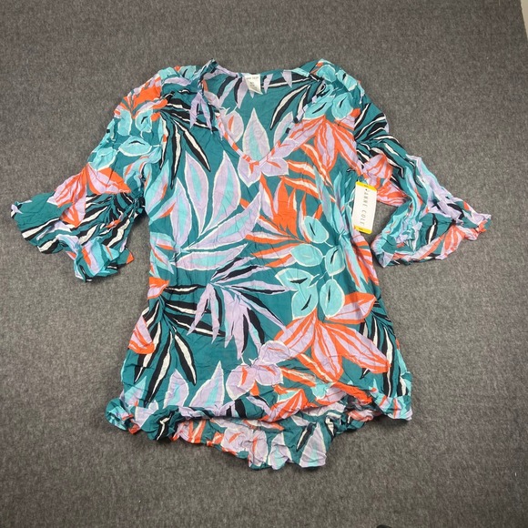 Anne Cole Zesty Trop Tunic Cover Up M/L Multi Color V-Neck Tropical Ruffle - Picture 1 of 8